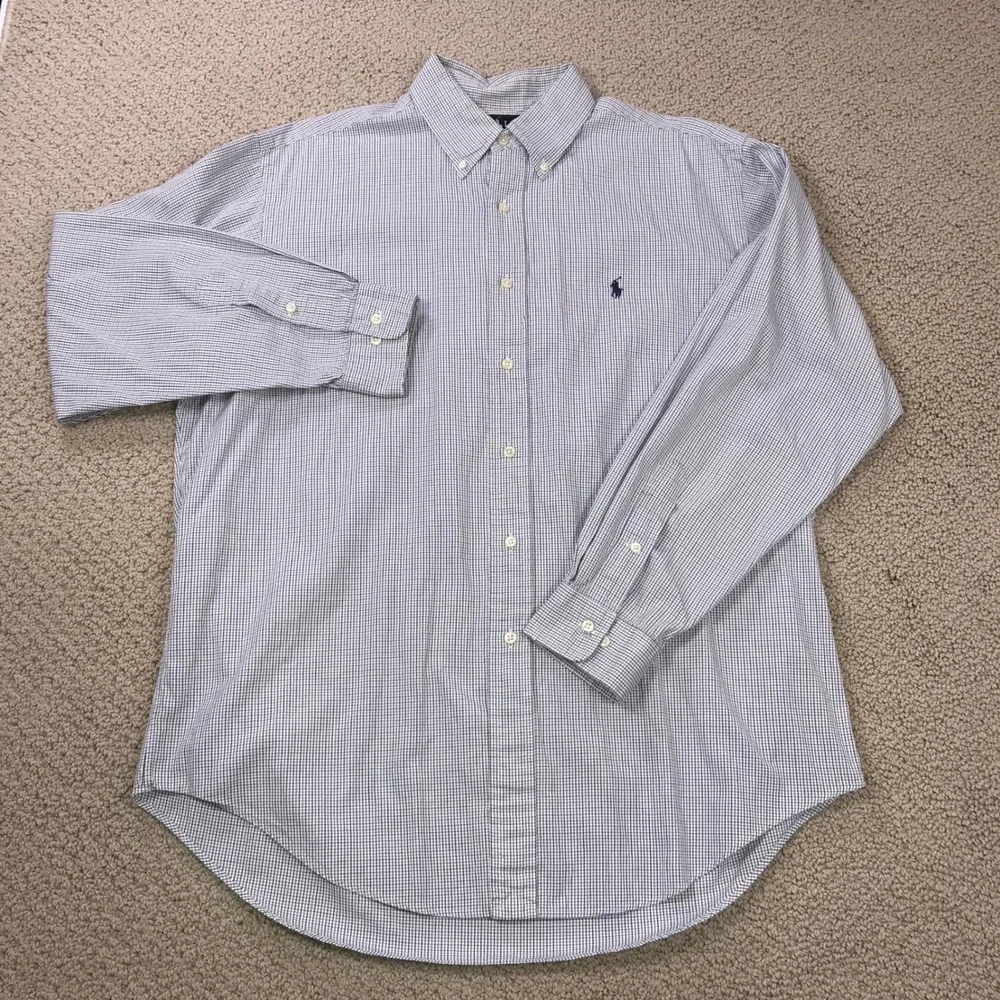 Polo Ralph Lauren Yarmouth Shirt Mens 16 34/35 Blue White Micro Check Cotton L/S